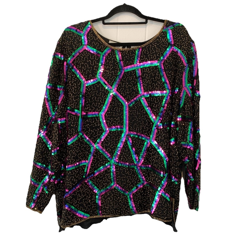 Vtg Cervelle Womens 3XL Shirt Top Heavily Beaded Sequins 100% Silk 80s Big Hair